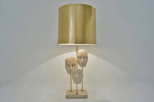 1970`s travertine lamp, sculptural Surrealist masks in travertine & brass, French